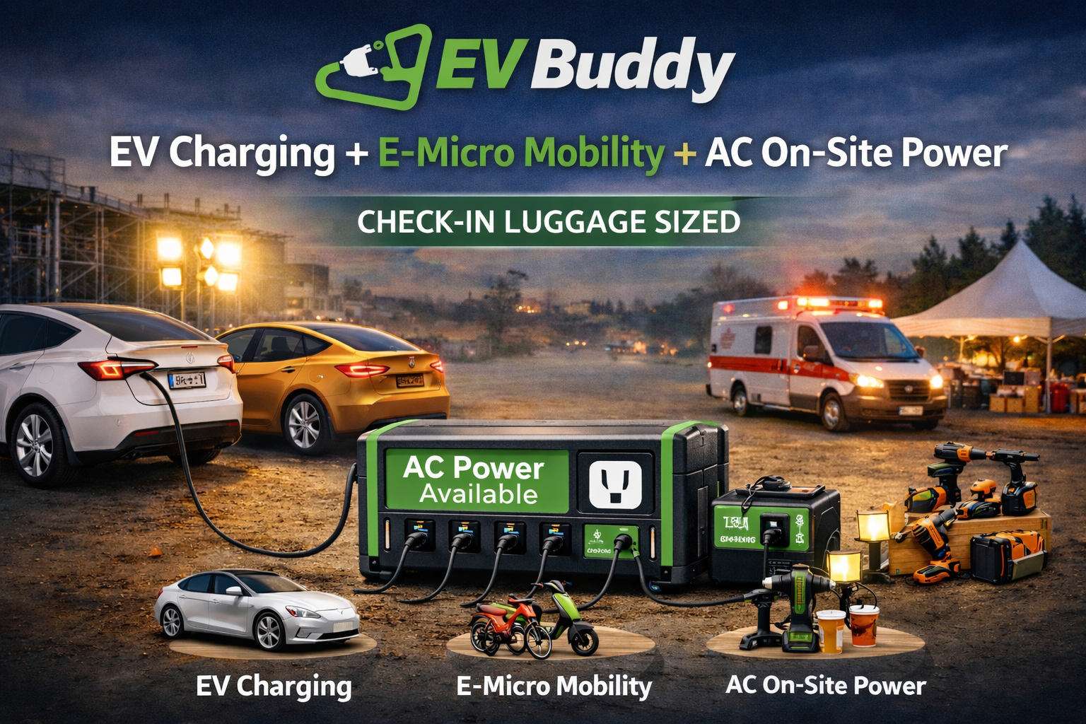 EV Buddy charging EVs, e-bikes, e-scooters, and delivery robots
