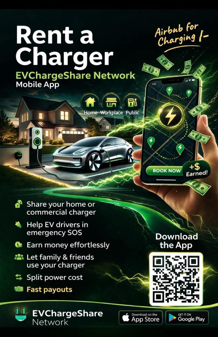 EVChargeShare Rent-A-Charger mobile app poster